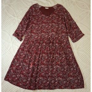 Garnet Hill Womens 16 Paisley Dress Maroon Pockets Boho Lined 3/4 Sleeve V-Neck